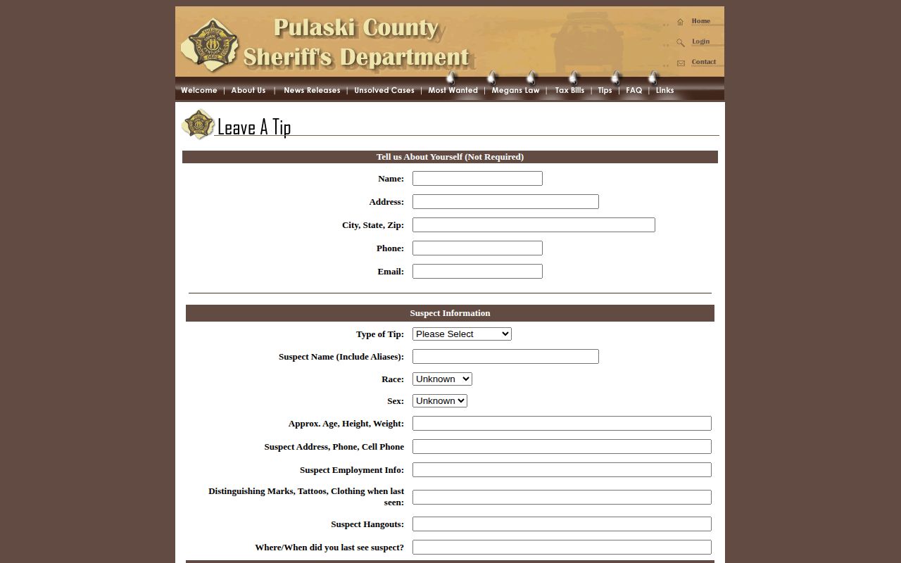Pulaski County Sheriff confidential fugitive tip form